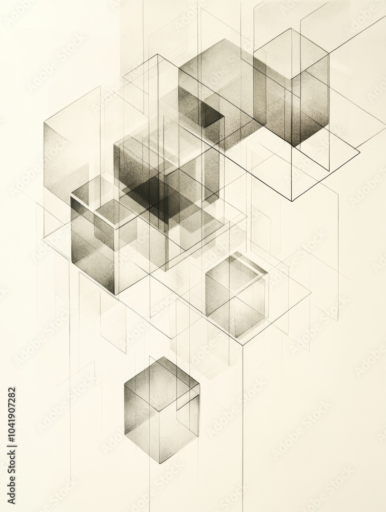 Aufkleber Multiple cubes of various sizes and shades are interconnected by diagonal lines, creating a geometric minimalist artwork against a light backdrop. Generative AI