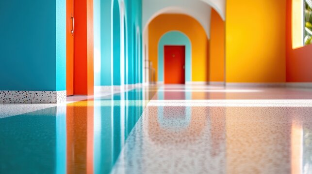 A sunny and colorful hallway features arched doorways and vivid colors on the walls and floors, creating a lively and inviting atmosphere of modernism.