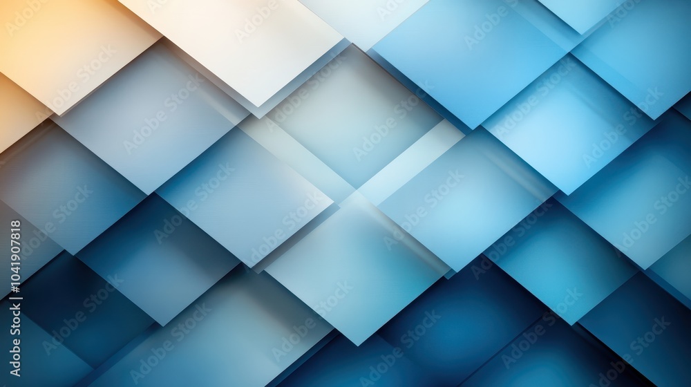 Poster an abstract geometric design featuring layered blue and white squares in a harmonious pattern, creat