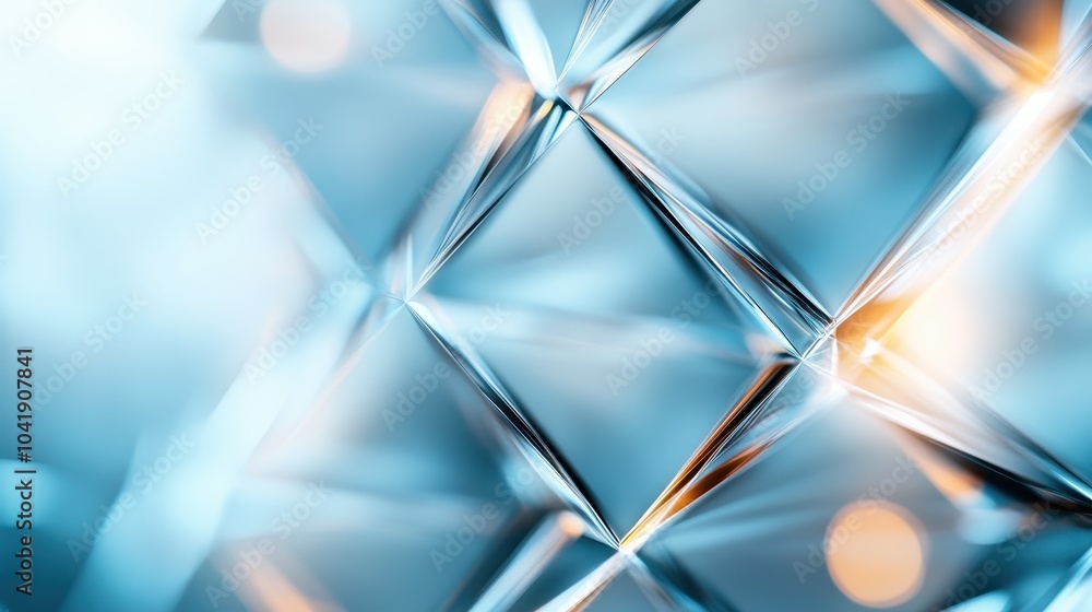 Poster intricate pattern of geometric shapes reflecting light in shades of blue and gold, creating a mesmer