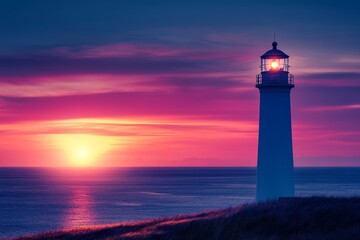 Picturesque Lighthouse Illuminating Coastal Landscape at Vibrant Sunset