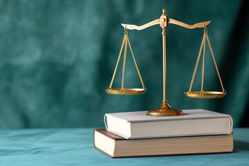 Elegant Pair of Scales and Law Books on Dark Blue Background