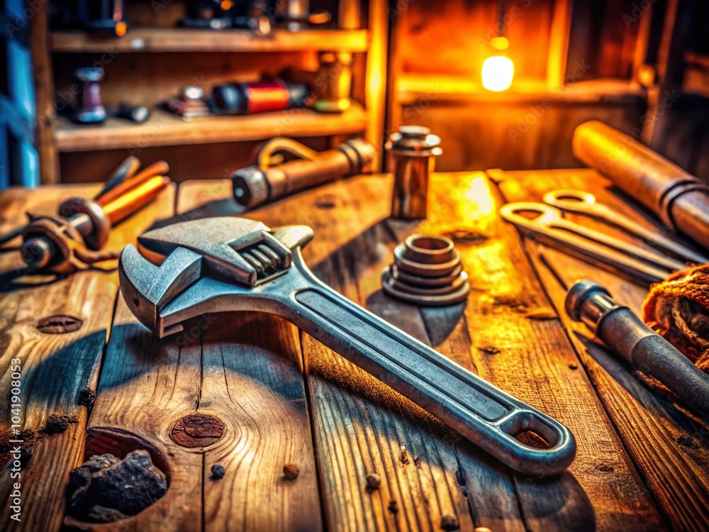Aufkleber high depth of field wrench on workbench with tools and hardware for mechanic and diy projects