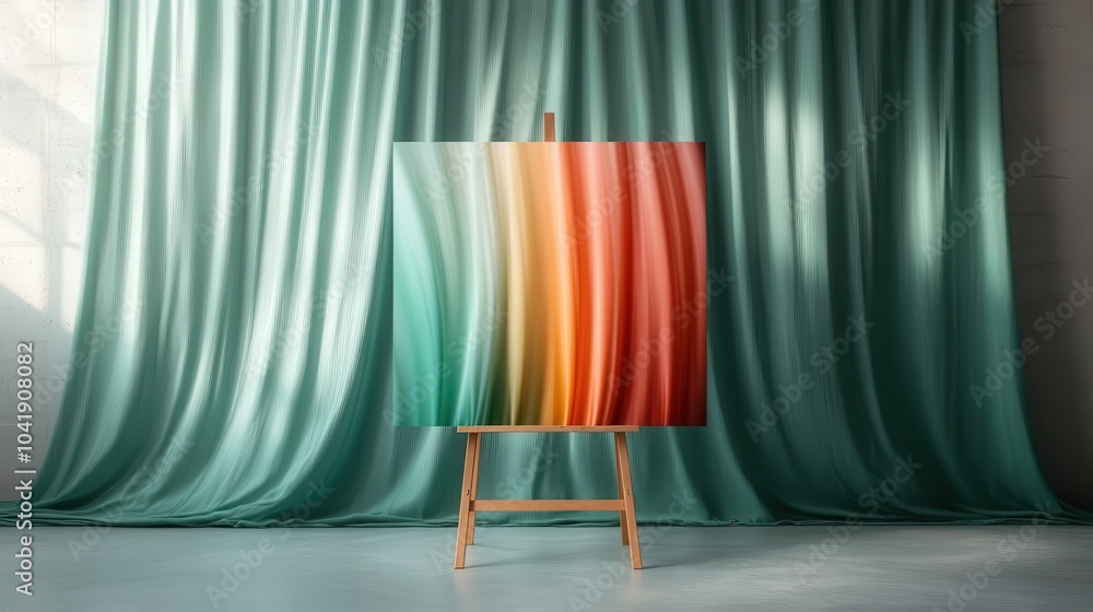 Aufkleber the image showcases a vibrant canvas with flowing colors on an easel against a softly draped curtain