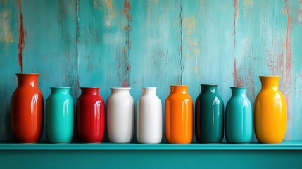 A vibrant collection of colorful ceramic vases neatly arranged against a striking teal wall background, showcasing a blend of eclectic and cheerful aesthetics.