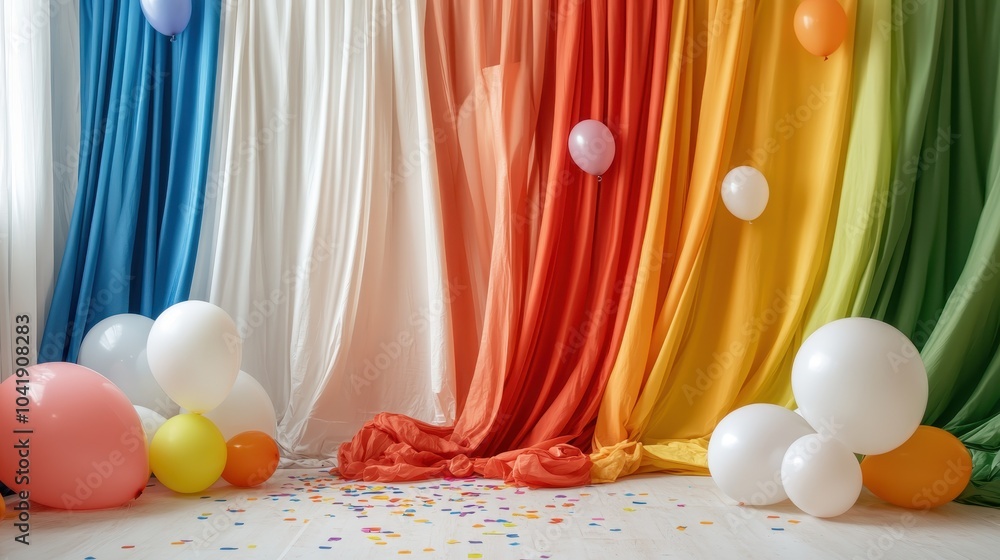 Poster an array of colored drapes with balloons and confetti creates an artistic and cheerful setup, ideal 