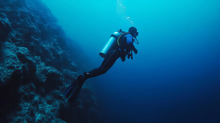 A diver exploring a vibrant underwater landscape, surrounded by marine life and coral formations in crystal clear blue waters.
