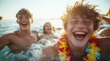 Laughter-filled teens, adorned with colorful leis, enjoy splashing in the sunlit water, their joyful expressions capturing youthful energy and carefree happiness.