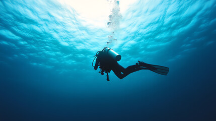 A diver exploring the underwater world, surrounded by stunning blue water and beams of light filtering through the surface.