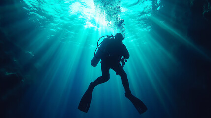 A diver exploring the underwater world, illuminated by shafts of sunlight streaming through the surface of the water, creating a serene atmosphere.