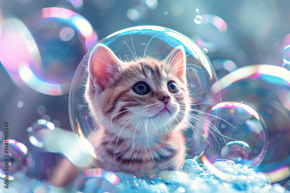 Poster Kitten is inside a bubble, looking up at the camera. The bubble is colorful and the kitten is the main focus of the image. Scene is playful and whimsical