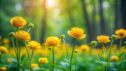 Fototapeta premium Yellow ranunculus flowers in forest edge