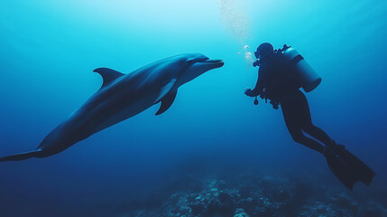 A diver interacts with a dolphin underwater, showcasing the beauty of marine wildlife in its natural habitat.