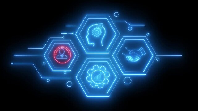 Skill knowledge ability business Glowing neon line of SEM icons concept , and technology concept. Work performance is influenced by skills, abilities and competence. Glowing neon 
