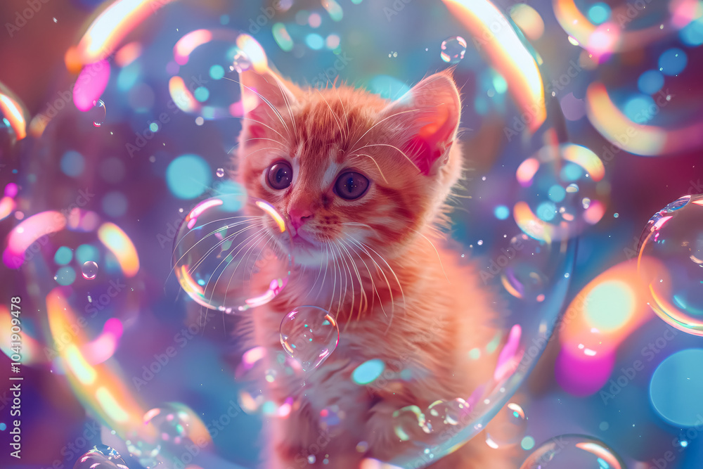 Poster kitten is sitting in a bubble bath. the bubbles are colorful and the kitten is looking up at the cam