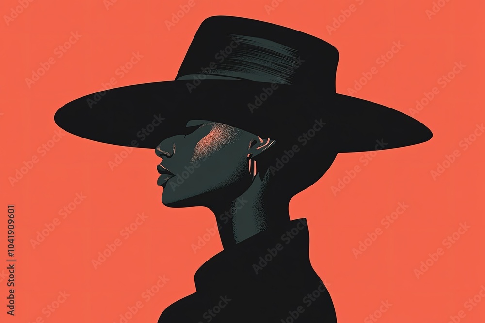 Wall mural a woman wearing a black hat with a red background