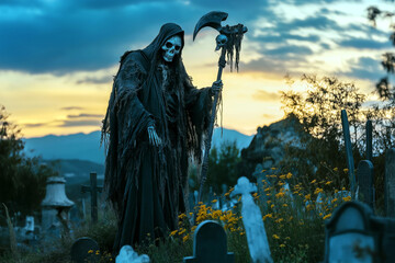 Fototapeta premium Santa de Muerte in a flowing, tattered cloak, holding a scythe in one hand, surrounded by a hauntingly beautiful graveyard at dusk.