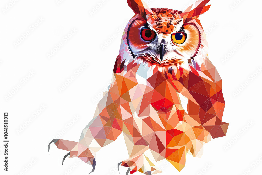 Poster paper owl with a white face sits on a white background. the owl is made of paper and has a triangula