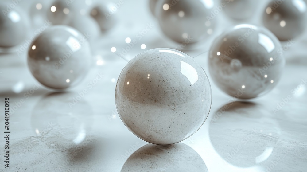 Aufkleber white spheres are scattered artistically on a polished marble surface, creating a tranquil atmospher