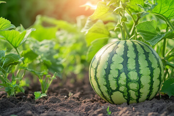 Watermelon plant with leaves on the ground in Thailand farm