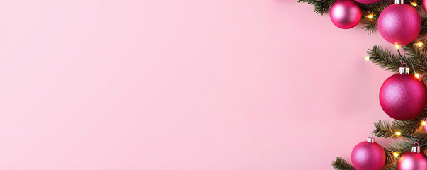 A festive arrangement featuring pink Christmas ornaments and greenery on a soft pink background, perfect for seasonal decor and celebrations.