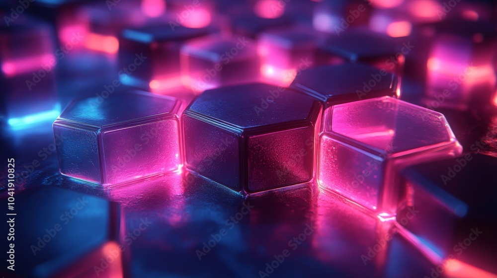 Poster Hexagonal shapes glow in vibrant shades of pink and blue, creating a mesmerizing display on a reflective surface in a dark environment.