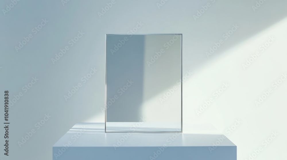 Poster minimalist mockup with empty frame on a white platform.
