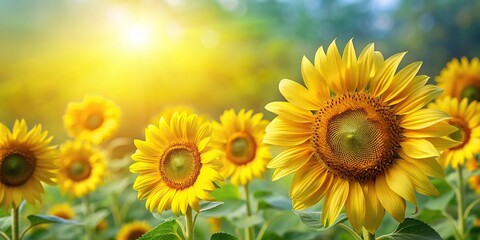 Obraz premium Yellow sunflowers bloom against a background of green leaves