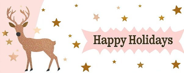 Fototapeta premium Festive design featuring a decorated deer and cheerful holiday wishes surrounded by golden stars, perfect for holiday greetings and celebration.