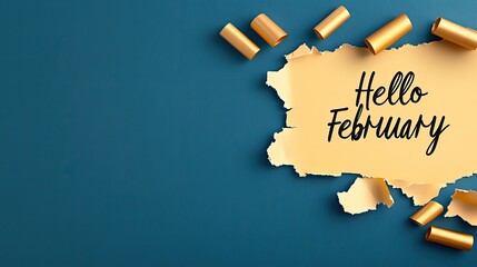 A torn yellow paper displays the friendly greeting Hello February, creating a vibrant contrast with the blue background, welcoming the new month