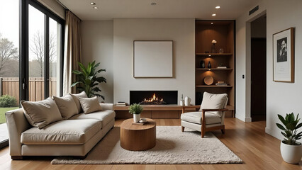 Living room loft, industrial style, room furnished in a minimalist style.