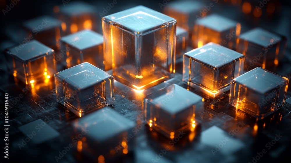 Poster A collection of transparent cubes with luminous interiors is arranged on a dark surface, radiating warm light. The glowing effect creates an intriguing visual contrast during a creative exploration.