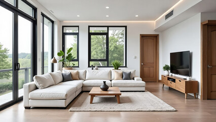 Fototapeta premium Living room loft, industrial style, room furnished in a minimalist style.