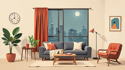 Living room loft, industrial style, room furnished in a minimalist style.