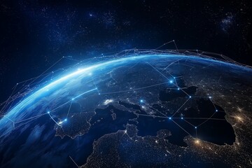 Obraz premium Night planet earth from space with light lines of communication and connection. Business and finance, concept. Global communications system and the World Wide Web. Technologies and communications.