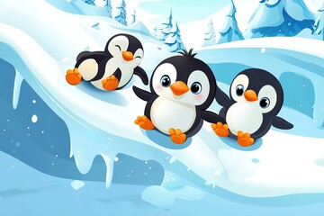 Obraz premium Playful Penguins Sliding Down Ice Slide Cartoon Illustration