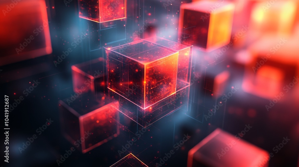 Poster translucent cubes float in a vibrant red-blue environment, emitting a digital glow. this artwork cap