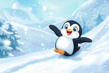 Joyful Baby Penguin Sliding Down Icy Hill - Cartoon Illustration