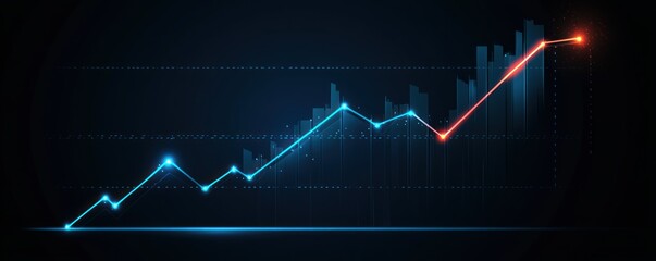 Naklejka premium A digital graph showing an upward trend with blue and red lines on a dark background.