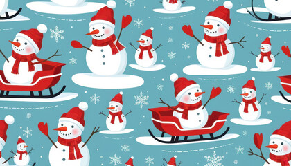christmas seamless pattern with snowman on the red sledge in red hat and scarf, blue background