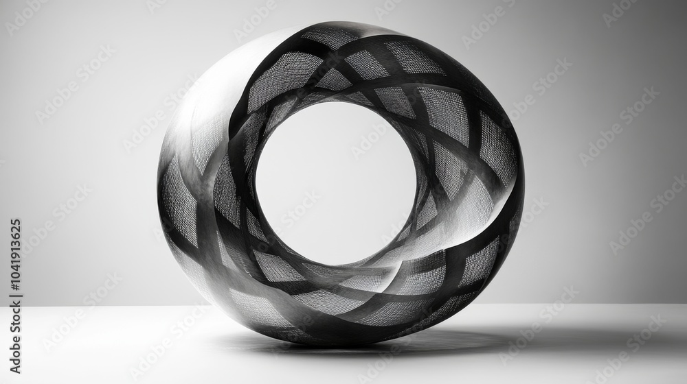 Poster An intricate black and white abstract sculpture sits elegantly on a minimalist surface, beautifully highlighted by gentle lighting that enhances its shapes and textures.