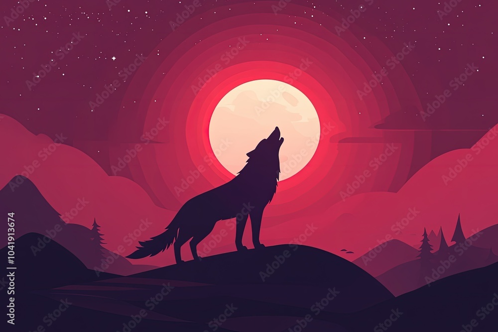 Sticker a wolf standing on top of a hill under a full moon