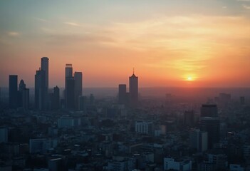 Fototapeta premium Cityscape At Sunset With Skyscrapers And Warm Hues