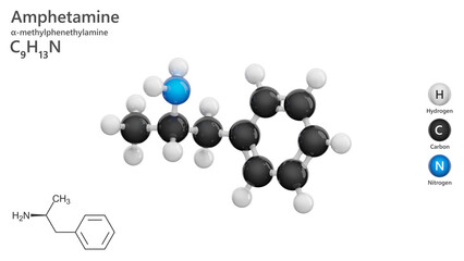 Molecule: Amphetamine. Molecular structure. Formula: C9H13N. Chemical model: Ball and stick. Stimulant. Drug. White background. 3D illustration