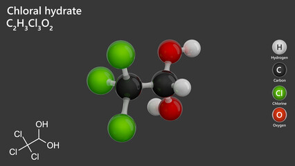 Molecule: Chloral Hydrate. Molecular structure. Formula: C2H3Cl3O2. Chemical model: Ball and stick. General anaesthetic. Gray background. 3D illustration