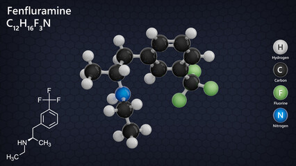 Molecule: Fenfluramine. Molecular structure. Formula: C12H16F3N. Chemical model: Ball and stick. Appetite suppressant. Dark background. 3D illustration.