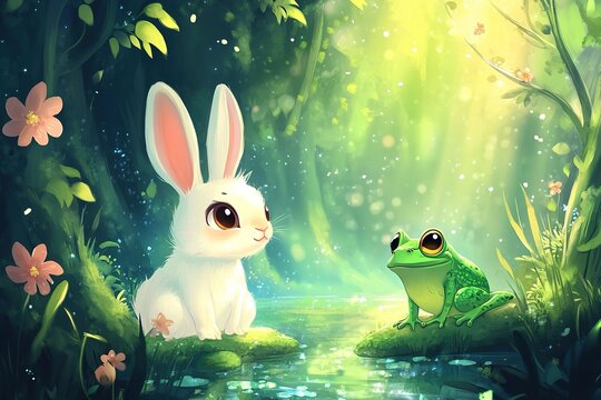 A Magical Adventure: Bunny and Frog Explore a Mystical Land