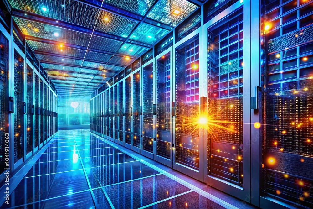 Poster illuminated data center with server racks in double exposure style for futuristic tech imagery