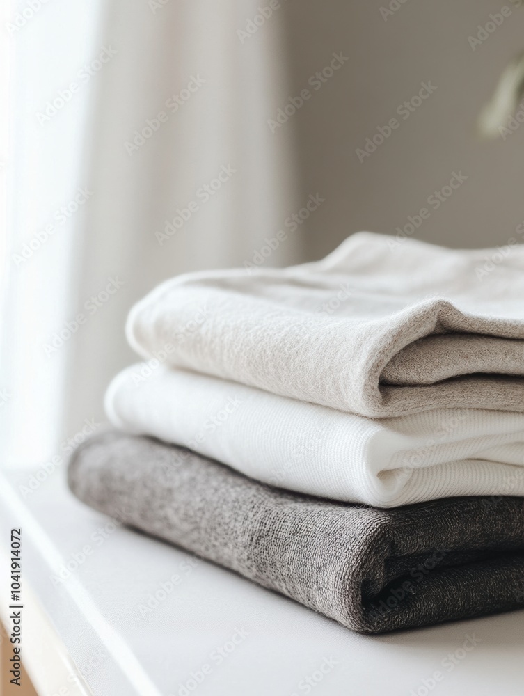 Poster three pieces of minimalist sportswear are folded and arranged neatly on a smooth table in a bright, 