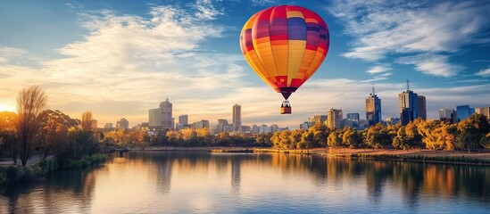 Obraz premium Hot Air Balloon Soaring Over Melbourne Skyline